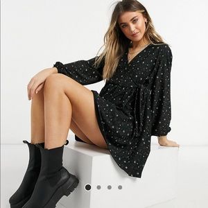 ASOS Design Smock Oversized Mini Wrap Dress in black ditsy floral size 12